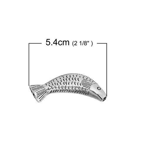 Immagine di Lega di Zinco 3D Separatori Perline Pesce Argento Antico Circa 54mm x 21mm, Foro:Circa 3.5mm, 2 Pz