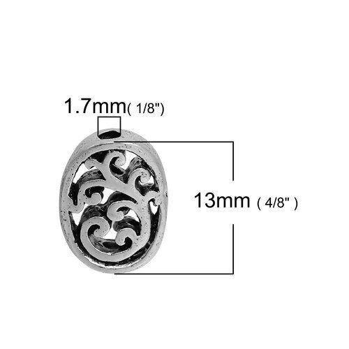 Picture of Zinc Based Alloy Spacer Beads Oval Antique Silver Color Filigree 13mm x 10mm, Hole: Approx 1.7mm, 10 PCs