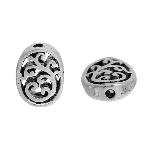 Picture of Zinc Based Alloy Spacer Beads Oval Antique Silver Color Filigree 13mm x 10mm, Hole: Approx 1.7mm, 10 PCs