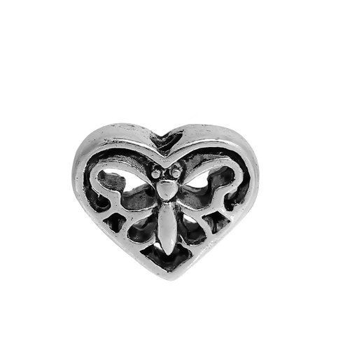 Image de Perles en Alliage de Zinc Cœur Argent Vieilli Papillons Creux 12mm x 10mm, Taille de Trou: 1.8mm, 20 Pcs
