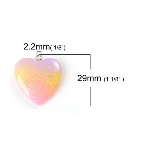 Picture of Resin Charms Heart Glitter Multicolor 29mm(1 1/8") x 27mm(1 1/8"), 5 PCs