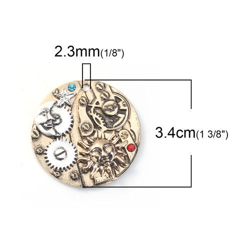 Picture of Zinc Based Alloy Pocket Watch Pendants Gold Tone Antique Gold & Antique Silver Color Two Tone Round Sun God Red Rhinestone 34mm Dia., 1 Piece