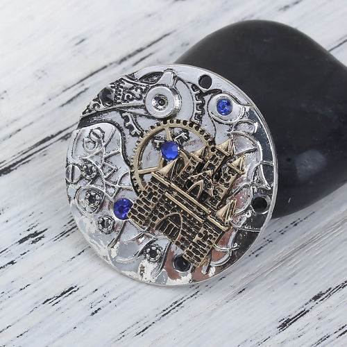 Picture of Zinc Based Alloy Pocket Watch Pendants Antique Silver Color Antique Bronze Two Tone Round Castle Royal Blue Rhinestone 34mm Dia., 1 Piece