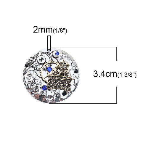 Picture of Zinc Based Alloy Pocket Watch Pendants Antique Silver Color Antique Bronze Two Tone Round Castle Royal Blue Rhinestone 34mm Dia., 1 Piece