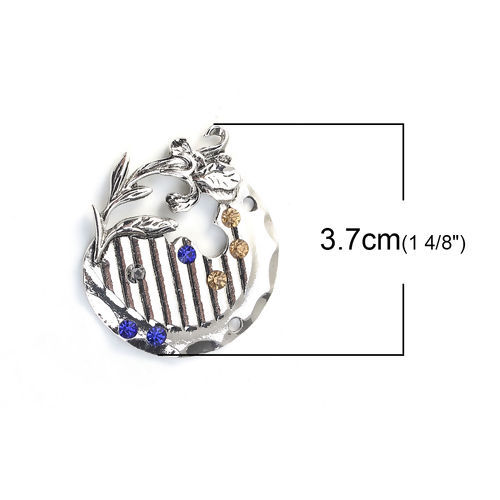 Picture of Zinc Based Alloy Pocket Watch Pendants Round Antique Silver Color Flower Multicolor Rhinestone Hollow 37mm(1 4/8") x 36mm(1 3/8"), 1 Piece