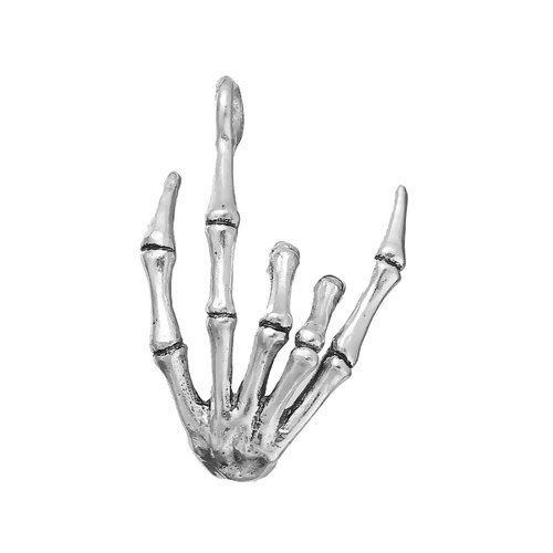 Picture of Zinc Based Alloy Halloween 3D Pendants Anatomical Human Hand Skeleton Antique Silver Color Gesture " I Love you " 36mm(1 3/8") x 25mm(1"), 3 PCs