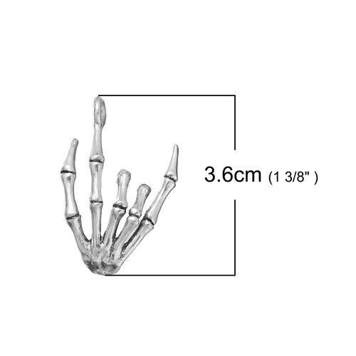 Picture of Zinc Based Alloy Halloween 3D Pendants Anatomical Human Hand Skeleton Antique Silver Color Gesture " I Love you " 36mm(1 3/8") x 25mm(1"), 3 PCs