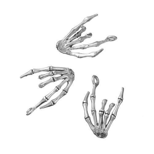 Picture of Zinc Based Alloy Halloween 3D Pendants Anatomical Human Hand Skeleton Antique Silver Color Gesture " I Love you " 36mm(1 3/8") x 25mm(1"), 3 PCs