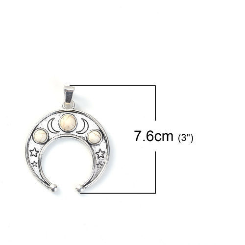 Image de Pendentif au Style Bohème en Alliage de Zinc Croissant de Lune Etoile Argent Vieilli Turquoise Imitation Blanc 76mm x 57mm, 1 Pièce