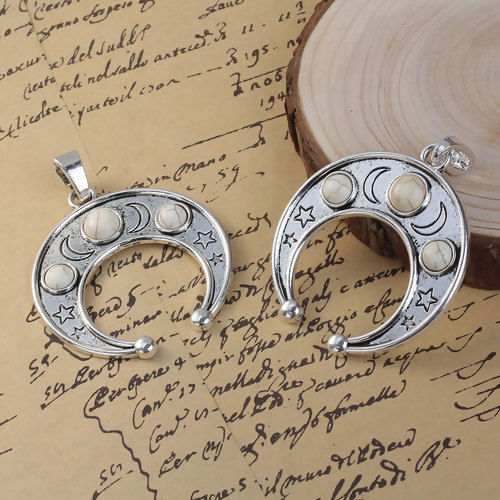 Image de Pendentif au Style Bohème en Alliage de Zinc Croissant de Lune Etoile Argent Vieilli Turquoise Imitation Blanc 76mm x 57mm, 1 Pièce