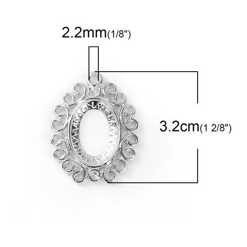 Picture of Zinc Based Alloy Cabochon Settings Pendants Round Silver Tone (Fits 18mm x 13mm ) (Can Hold ss11 Pointed Back Rhinestone) 32mm x 26mm, 10 PCs