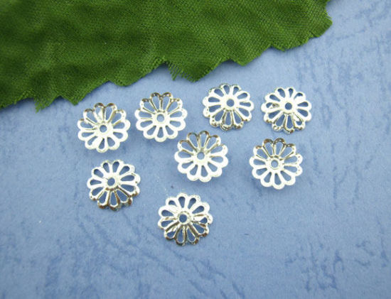 Image de Coupelle Filigranée en Alliage Fleur Argenté (Approprié à Perle 14mm - 18mm) 8.5mm x 8.5mm, 800 PCs