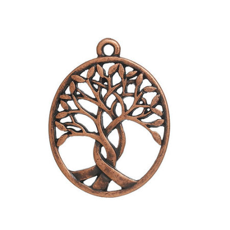 Bild von Böhmischer Stil Zinklegierung Anhänger Oval Rotkupferfarbe Bäume 31mm x 24mm 5 Stück