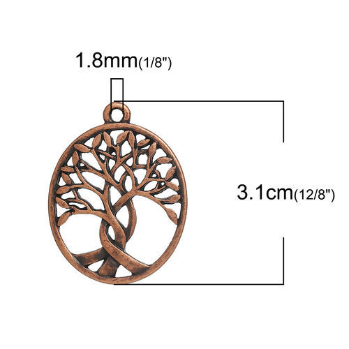 Picture of Zinc Based Alloy Boho Chic Pendants Oval Antique Copper Tree 31mm(1 2/8") x 24mm(1"), 5 PCs