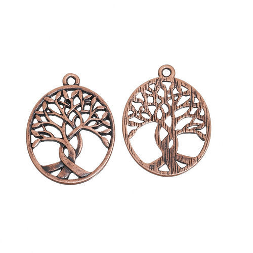 Picture of Zinc Based Alloy Boho Chic Pendants Oval Antique Copper Tree 31mm(1 2/8") x 24mm(1"), 5 PCs