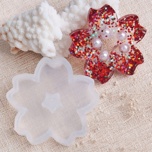 Picture of Silicone Resin Mold For Jewelry Making Sakura Flower White 51mm(2") x 49mm(1 7/8"), 1 Piece