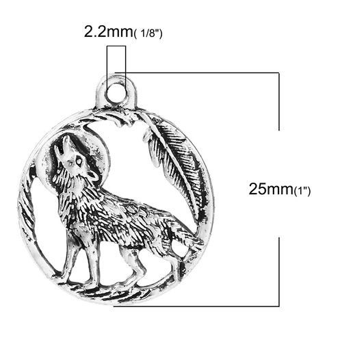 Picture of Zinc Based Alloy Charms Wolf Antique Silver Color Round 25mm(1") x 21mm( 7/8"), 20 PCs