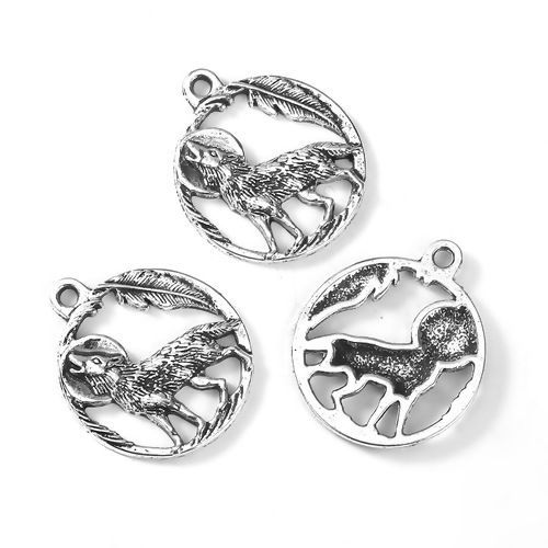 Picture of Zinc Based Alloy Charms Wolf Antique Silver Color Round 25mm(1") x 21mm( 7/8"), 20 PCs