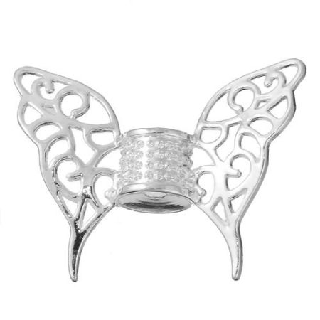 Immagine di Lega di Zinco Separatori Perline Farfalla Argento Placcato Ali Scolpisce Circa 47mm x 36mm, Foro:Circa 3.7mm, 3 Pz