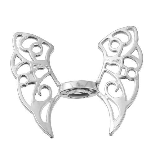Bild von Zinklegierung Zwischenperlen Spacer Perlen Schmetterling Versilbert Flügel 43mm x 36mm Loch:ca. 2.5mm 3 Stück