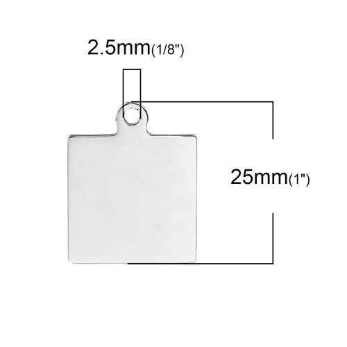 Image de 2 Pcs BreloquesÉtiquettes d'Estampage Vierges en Acier Inoxydable Carré Argent Mat Polissage Double Face 25mm x 20mm