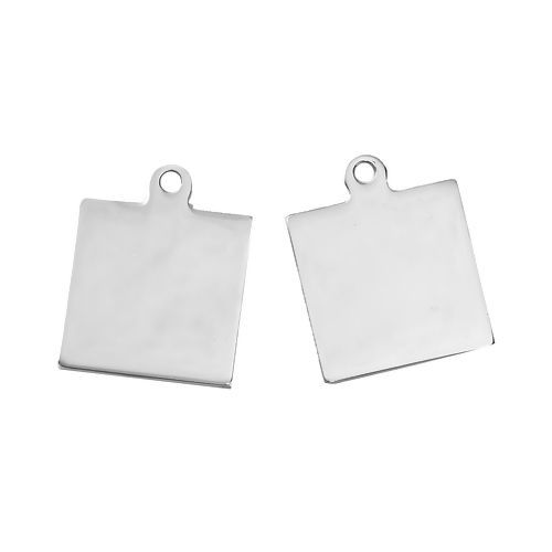 Image de 2 Pcs BreloquesÉtiquettes d'Estampage Vierges en Acier Inoxydable Carré Argent Mat Polissage Double Face 25mm x 20mm