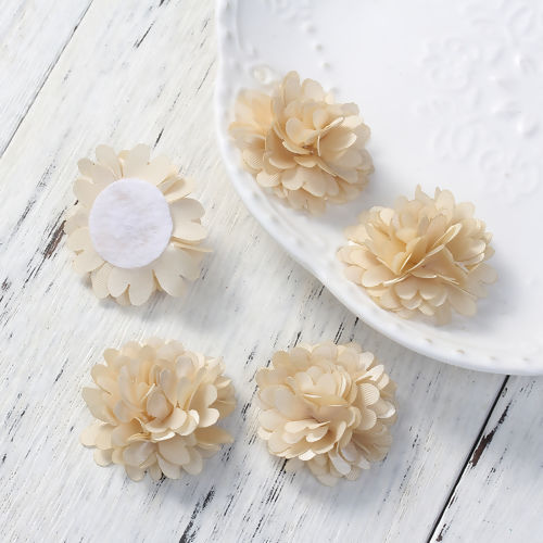 Picture of Fabric Flower For DIY Jewelry Craft Chrysanthemum Flower Beige 35mm(1 3/8") x 35mm(1 3/8"), 5 PCs