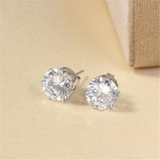 Picture of 304 Stainless Steel & Cubic Zirconia Ear Post Stud Earrings Silver Tone Transparent Clear Round 9mm( 3/8") x 8mm( 3/8"), Post/ Wire Size: (20 gauge), 1 Pair