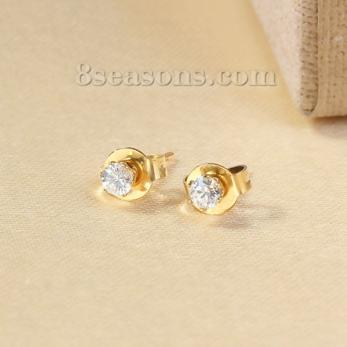 Picture of 304 Stainless Steel & Cubic Zirconia Ear Post Stud Earrings Gold Plated Transparent Clear Round 4mm( 1/8") x 3mm( 1/8"), Post/ Wire Size: (20 gauge), 1 Pair