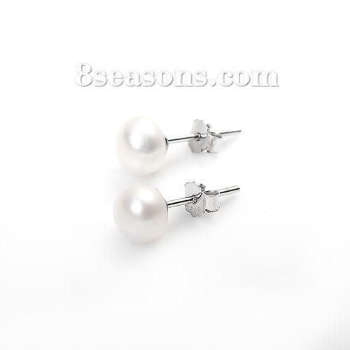 Picture of Sterling Silver & Freshwater Cultured Pearl Ear Post Stud Earrings White Round 7mm( 2/8") Dia. - 6mm( 2/8") Dia, Post/ Wire Size: (20 gauge), 1 Pair