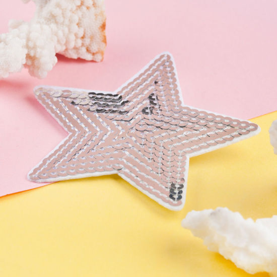 Picture of Polyester Pin Brooches Pentagram Star Appliques Patches DIY Scrapbooking Silver Purple Sequins 9cm(3 4/8") x 9cm(3 4/8"), 1 Piece