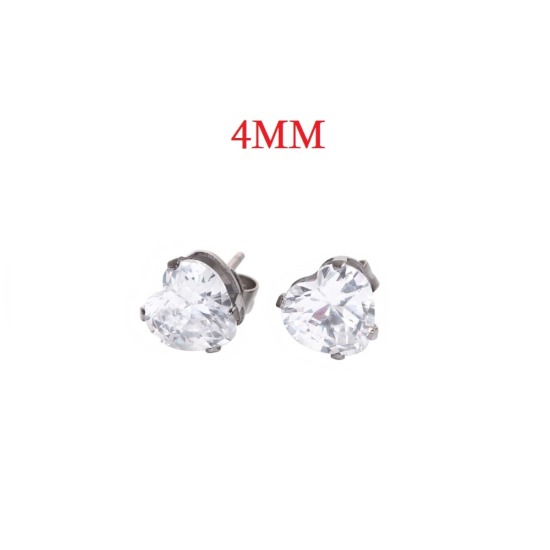 Picture of 304 Stainless Steel Ear Post Stud Earrings Silver Tone Heart Clear Cubic Zirconia Rhinestone 3mm( 1/8") x 3mm( 1/8"), Post/ Wire Size: (20 gauge), 1 Pair
