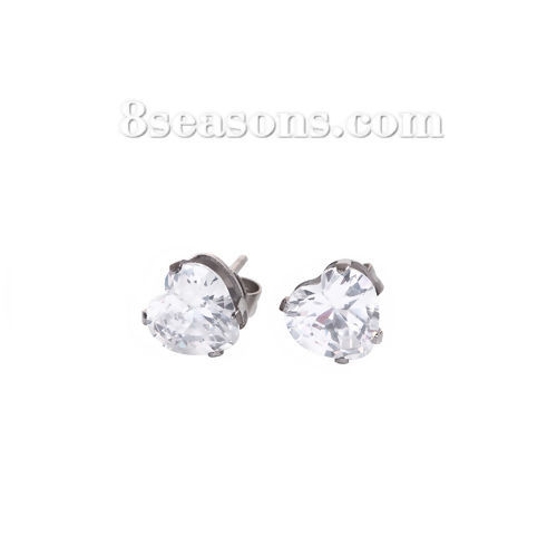 Picture of 304 Stainless Steel Ear Post Stud Earrings Silver Tone Heart Clear Cubic Zirconia Rhinestone 4mm( 1/8") x 4mm( 1/8"), Post/ Wire Size: (20 gauge), 1 Pair