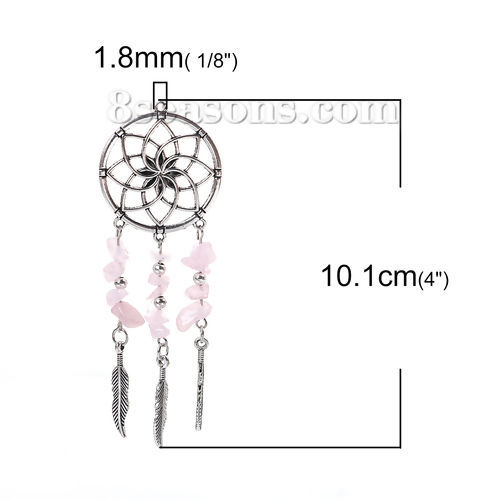 亜鉛合金 ペンダント ドリームキャッチャー 銀古美 ピンク 羽 10.1cmx 3.5cm、 1 個 の画像