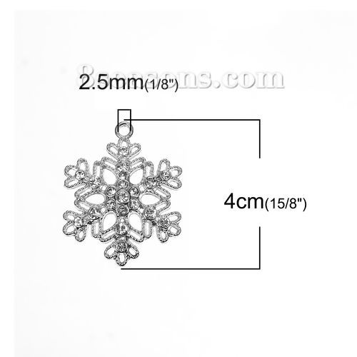 Bild von Zinklegierung Anhänger Weihnachten Schneeflocke Silberfarbe Transparent Strass 40mm x 32mm, 5 Stück