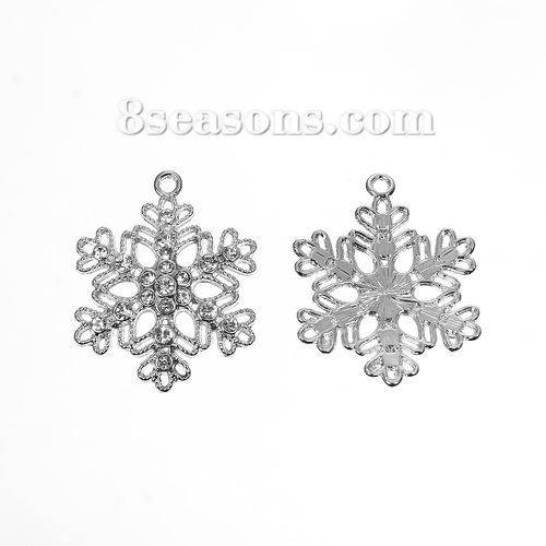 Bild von Zinklegierung Anhänger Weihnachten Schneeflocke Silberfarbe Transparent Strass 40mm x 32mm, 5 Stück