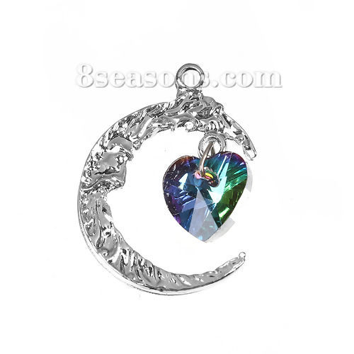 Picture of Brass AB Rainbow Color Aurora Borealis Charms Heart Silver Tone Green Moon Face AB Color Rhinestone Faceted 26mm(1") x 19mm( 6/8"), 5 PCs                                                                                                                     