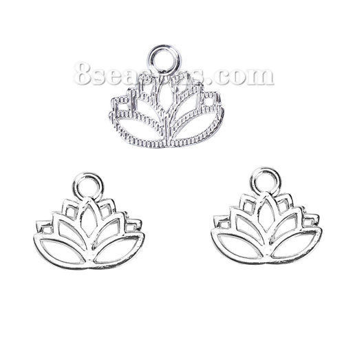 Picture of Zinc Based Alloy Charms Lotus Flower Silver Plated 17mm( 5/8") x 15mm( 5/8"), 200 PCs