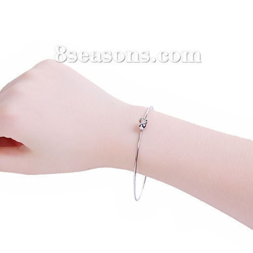 Picture of 304 Stainless Steel Expandable Bangles Bracelets Single Bar Silver Tone With Removable Ball End Cap 21cm(8 2/8") long, 1 Piece