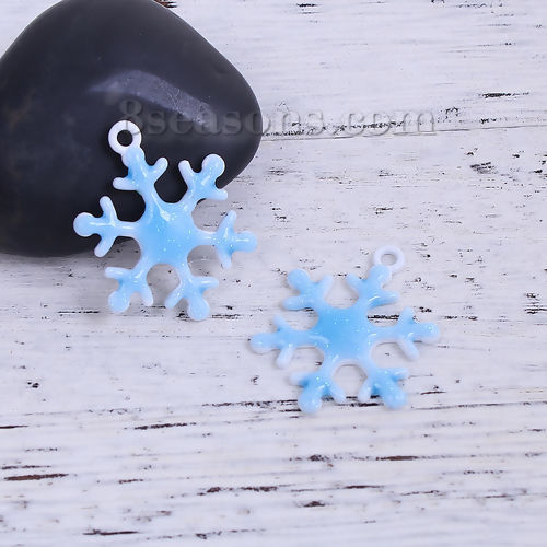 Imagen de Zamak Colgantes Charms Copo de nieve Navidad Blanco Azul Esmalte 27mm x 21mm, 10 Unidades