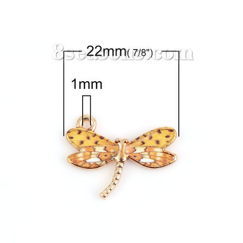 Bild von Zinklegierung Charms Anhänger Libellen Vergoldet Gelb Emaille 22mm x 17mm, 10 Stück