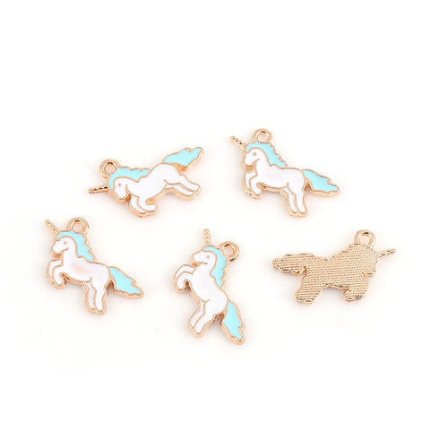 Picture of Zinc Based Alloy Charms Horse Gold Plated White & Blue Enamel 22mm( 7/8") x 12mm( 4/8"), 20 PCs
