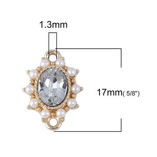Picture of Zinc Based Alloy Style Of Royal Court Character Connectors Oval Gold Plated White Imitation Pearl Clear Rhinestone 17mm x 13mm, 5 PCs