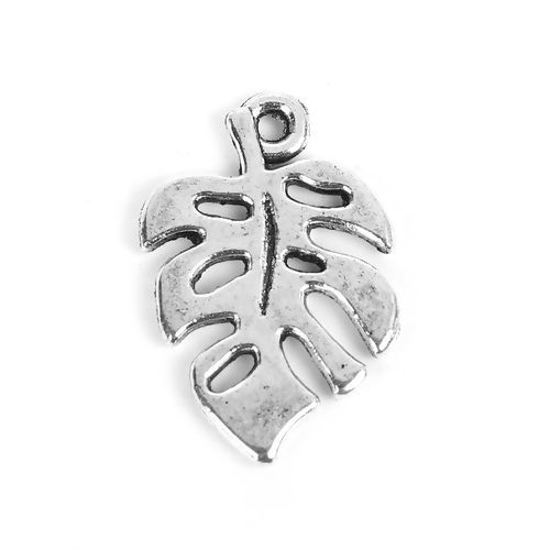 Picture of Zinc Based Alloy Charms Leaf Antique Silver Color Hollow 19mm( 6/8") x 12mm( 4/8"), 50 PCs