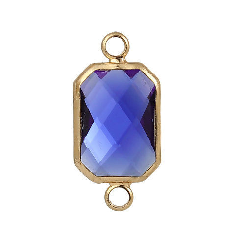 Picture of Zinc Based Alloy & Glass Birthstone Connectors Octagon Gold Plated Faceted Royal Blue Rhinestone 22mm x 11mm, 5 PCs