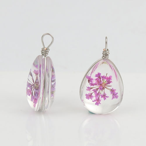 Picture of Real Dried Flower Transparent Glass Globe Bubble Bottle Charms Drop Purple 25mm x 13mm, 2 PCs