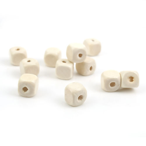 Picture of Natural Hinoki Wood Spacer Beads Square White 10mm x 10mm, Hole: Approx 3.2mm - 2.2mm, 200 PCs
