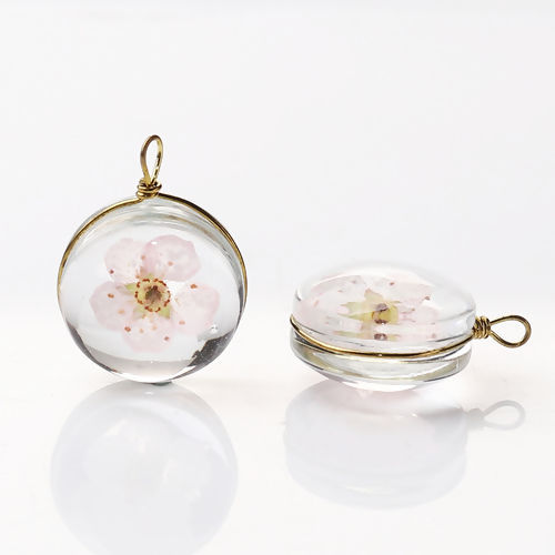 Picture of Copper & Glass Charms Round Dried Flower Pink Transparent 19mm x 14mm, 2 PCs