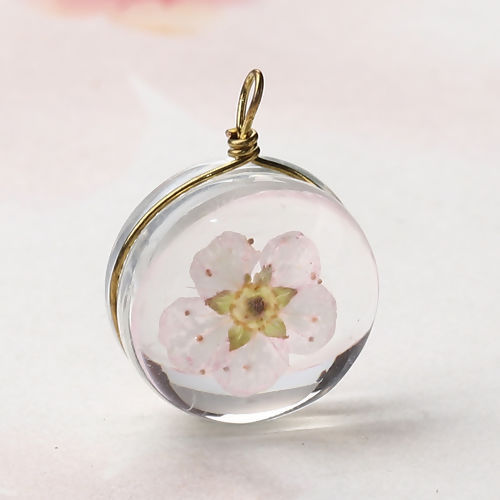 Picture of Brass & Glass Charms Round Dried Flower Pink Transparent 19mm x 14mm, 2 PCs