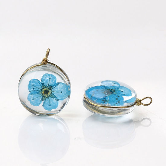 Picture of Brass & Glass Charms Round Dried Flower Pink Transparent 19mm x 14mm, 2 PCs